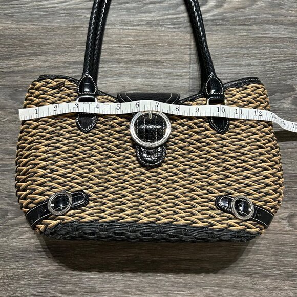Brighton Debbie Black Tan Woven Leather Shoulder Bag Braided Handles Preppy - Picture 5 of 12